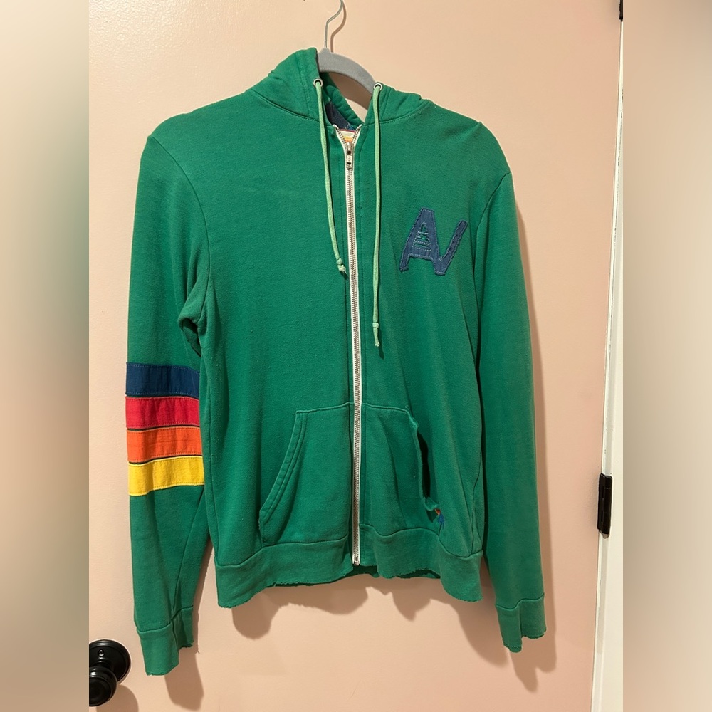 Aviator Nation Medium green zip up hoodie. Rainbow hood/arm. Rare!